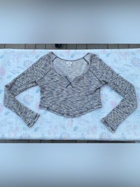 BDG Heathered Taupe Textured Cropped Notch Neck Long-Sleeve Top